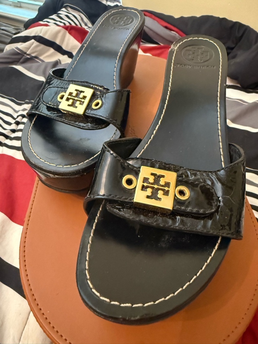 Tory Burch Black Patent Slide Sandals with Gold Logo Plaque
